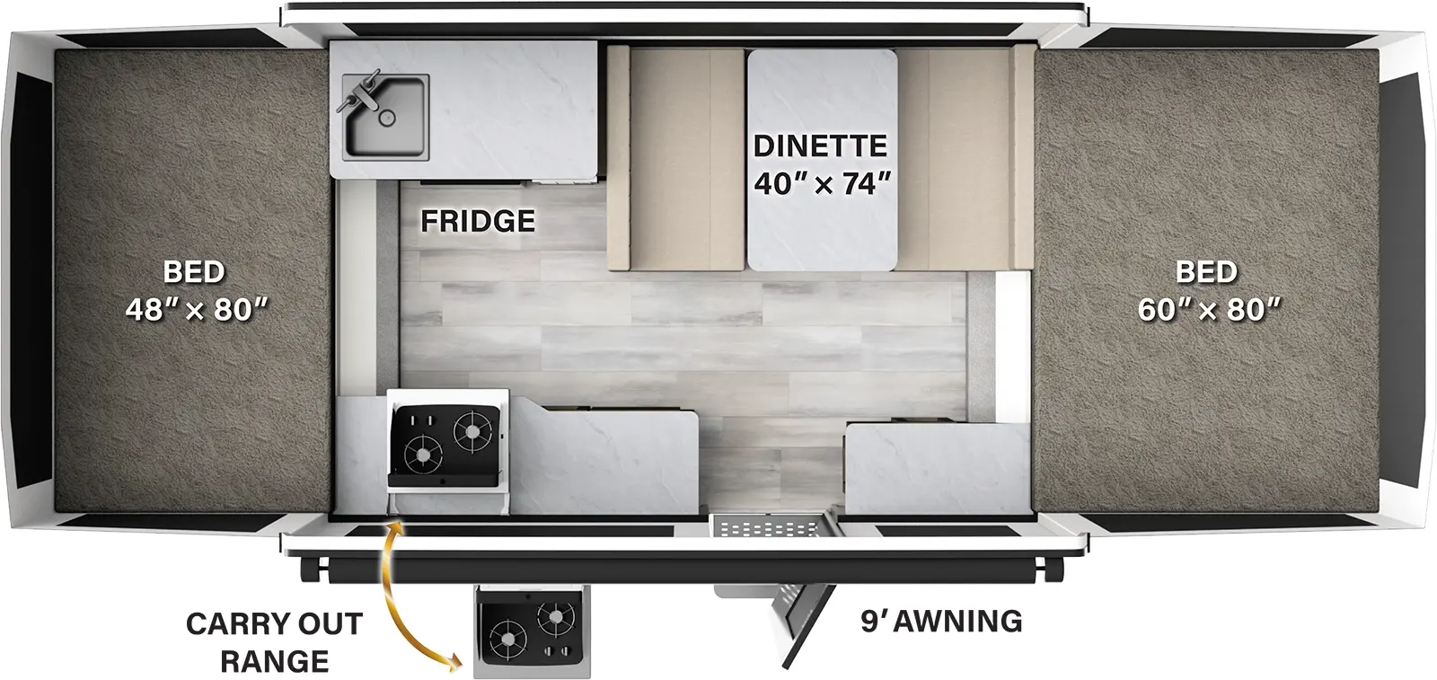 The 206LTD has no slideouts and one entry door. Exterior features a 9 foot awning and a carry out range. Interior layout front to back: tent bed; kitchen area with dinette, sink, refrigerator, two cabinets, and a carry out range; rear tent bed.